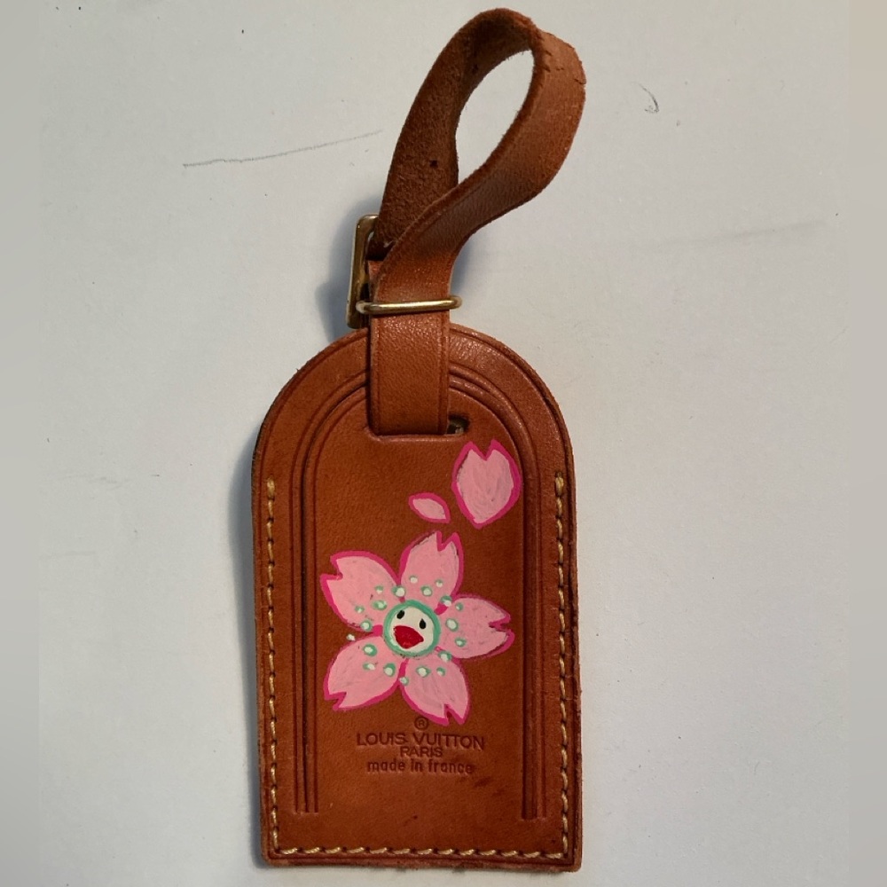 Louis Vuitton Leather Luggage Tag Hand Painted with Pink Floral Design